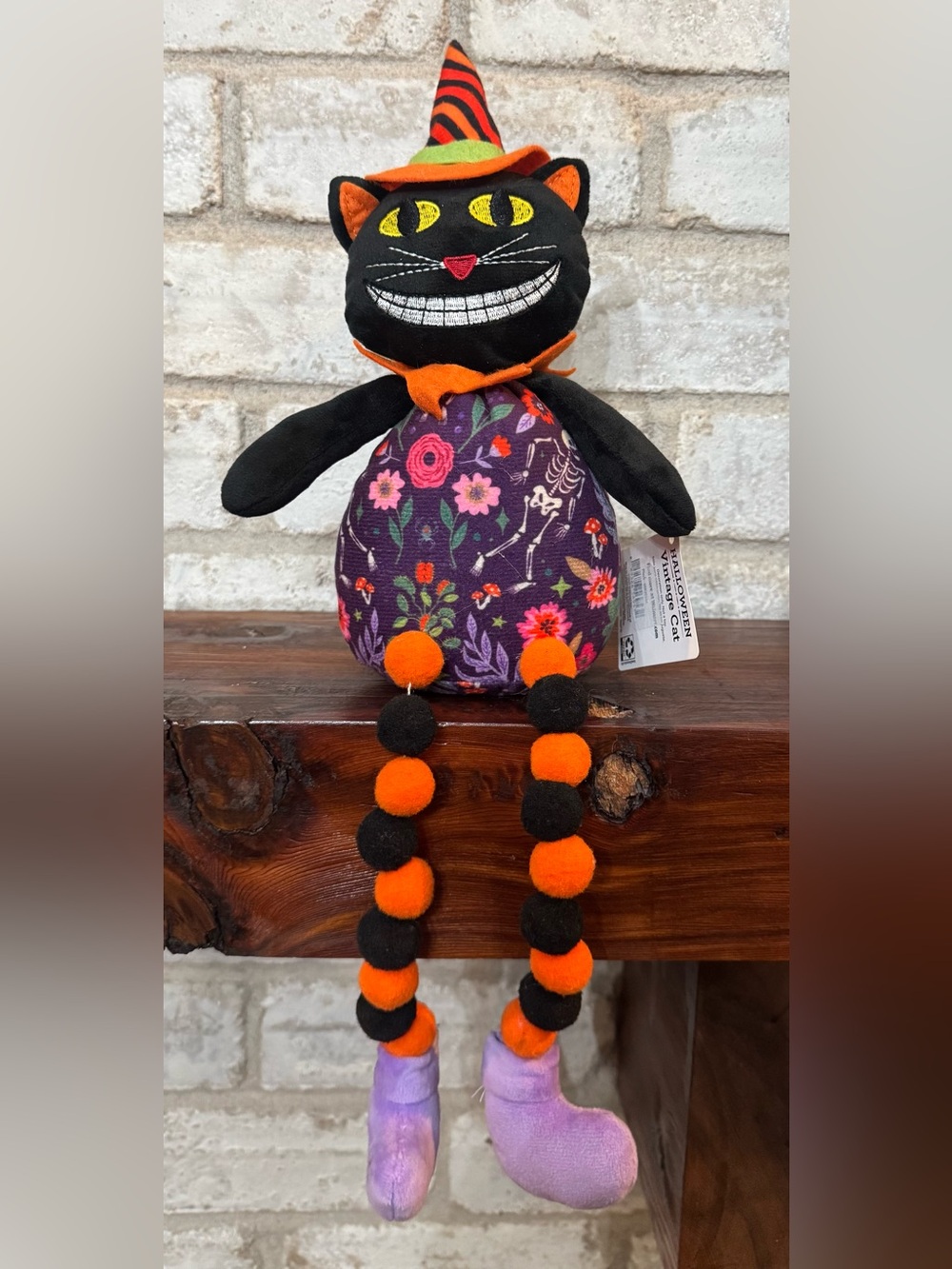 Vintage style Halloween Black Cat Plush Cat Shelf Sitter